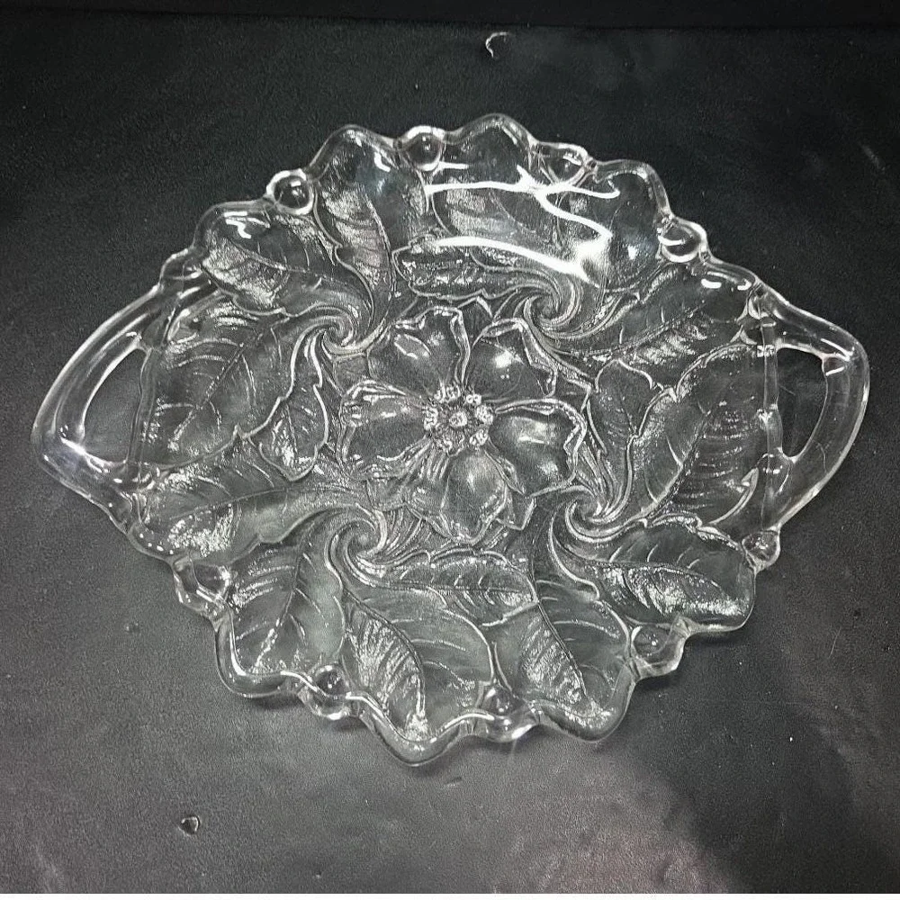 Indiana Glass Handled Serving‎ Tray, Vtg Embossed Wild Roses Design, Centerpiece